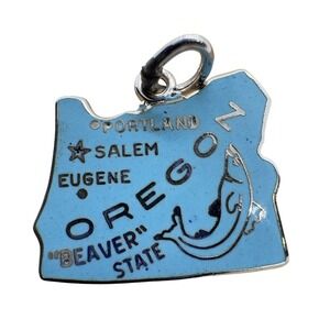 Vintage Sterling Silver Oregon State Blue Enamel Salmon Souvenir Charm 1.89g